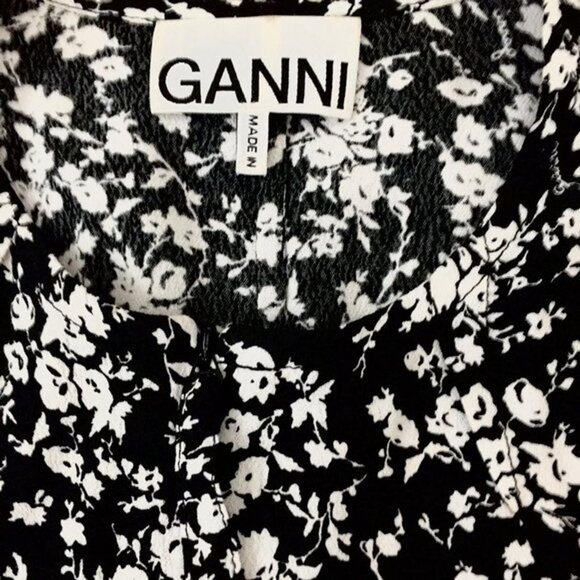 GANNI Printed Crepe O-neck Blouse Floral-print Black White Size 34 US 2 XS - Picture 6 of 8
